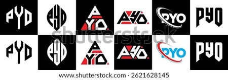PYO letter logo design in six style. PYO polygon, circle, triangle, hexagon, flat and simple style with black and white color variation letter logo set in one artboard. PYO minimalist and classic logo