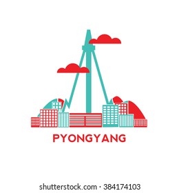 Pyongyang city architecture retro vector illustration, skyline city silhouette, skyscraper, flat design