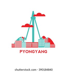 Pyongyang city architecture retro vector illustration, skyline city silhouette, skyscraper, flat design