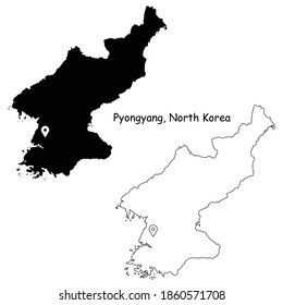 Pyongyang North Korea. Detailed Country Map with Location Pin on Capital City. Black silhouette and outline maps isolated on white background. EPS Vector