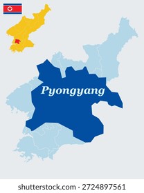 Pyongyang Corea del Norte Mapa con la bandera - Ciudad Capital, Río Taedong y Juche Tower Vector Outline.earth