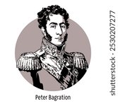 Pyotr Bagration was a Russian general, chief of the Life Guards Jaeger Regiment, and commander-in-chief of the army at the beginning of the Patriotic War of 1812. Vector hand drawn illustration