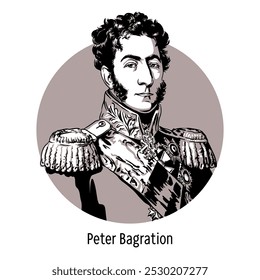 Pyotr Bagration foi um general russo, chefe do Regimento Jaeger da Guarda Vida, e comandante-em-chefe do exército no início da Guerra Patriótica de 1812. Ilustração desenhada à mão vetorial