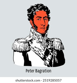 Pyotr Bagration foi um general de infantaria russo, chefe do Regimento Jaeger da Guarda de Vida, e comandante-em-chefe do 2º Exército Ocidental no início da Guerra Patriótica de 1812. Vetor desenhado à mão