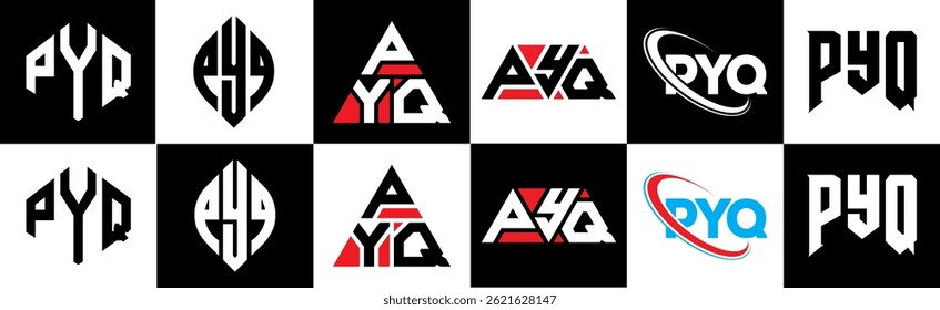 PYQ letter logo design in six style. PYQ polygon, circle, triangle, hexagon, flat and simple style with black and white color variation letter logo set in one artboard. PYQ minimalist and classic logo