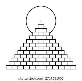 Pirámide con 12 pasos, y sobre el ápice el símbolo del sol astrológico, un círculo con un punto en su centro. Ascenso e iniciación gradual y paso a paso. Ilustración aislada en blanco y negro. Vector