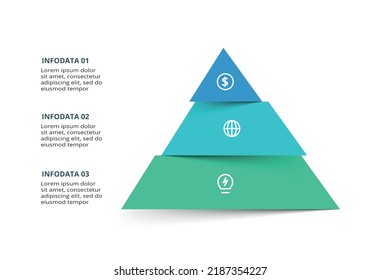 Pirámide con 3 elementos, plantilla infográfica para web, negocios, presentaciones, ilustración vectorial. Visualización de datos empresariales.