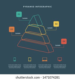 Pyramid 3D info chart graphic for business design. Reports, step presentations in cone shape with icons and description beneath. - Vector EPS