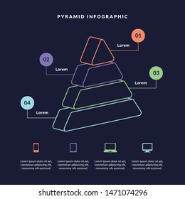 Pyramid 3D info chart graphic for business design. Reports, step presentations in cone shape with icons and description beneath. - Vector EPS