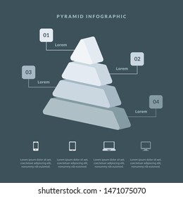 Pyramid 3D info chart graphic for business design. Reports, step presentations in cone shape with icons and description beneath. - Vector EPS