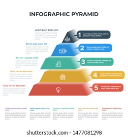 Pyramid 3D info chart graphic for business design. Reports, step presentations in cone shape with icons and description beneath. - Vector EPS