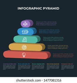 Pyramid 3D info chart graphic for business design. Reports, step presentations in cone shape with icons and description beneath. - Vector EPS