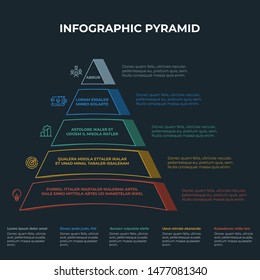 Pyramid 3D info chart graphic for business design. Reports, step presentations in cone shape with icons and description beneath. - Vector EPS