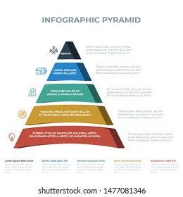 Pyramid 3D info chart graphic for business design. Reports, step presentations in cone shape with icons and description beneath. - Vector EPS