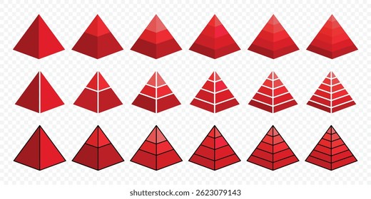Pyramid 3d infographic chart set. Pyramid charts with 3, 4, 5, 6, 7, 8 steps, options, layers, levels. Pyramid infographic templates group. Vector illustration isolated on transparent background.