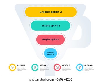 Pyramid 4 step process chart infographics with option circles. Funnel business workflow hierarchy elements. Company presentation slide template. Modern vector info graphic layout design.