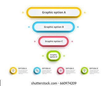 Pyramid 4 step process chart infographics with option circles. Funnel business workflow hierarchy elements. Company presentation slide template. Modern vector info graphic layout design.