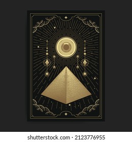 Pyramid and all seeing eye with engraving or hand drawn style, luxury, celestial, esoteric, boho style, fit for spiritualist, religious, paranormal, tarot reader, astrologer or tattoo vector