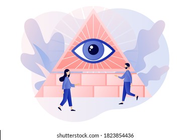 Pyramid with all-seeing eye. Conspiracy theory. Symbol of world government. Modern flat cartoon style. Vector illustration on white background