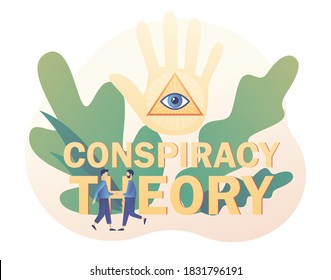 Pyramid with all-seeing eye on big hand and tiny people. Conspiracy theory - text. Symbol of world government. Modern flat cartoon style. Vector illustration on white background