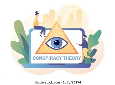 Pyramid with all-seeing eye on laptop screen and tiny people. Conspiracy theory. Symbol of world government. Modern flat cartoon style. Vector illustration on white background