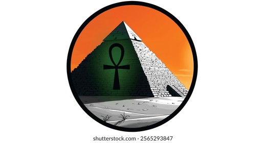 pyramid with an ankh symbol on it, set against an orange sky The pyramid is partially in shadow and the ground around it appears barren with some small plants The scene is enclosed in a circular frame