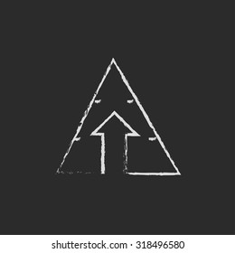 Pyramid with arrow up hand drawn in chalk on a blackboard vector white icon isolated on a black background.