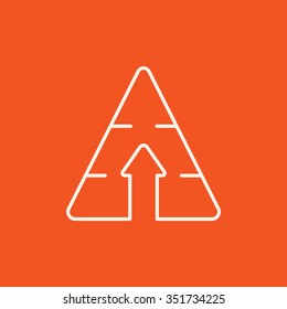 Pyramid with arrow up line icon for web, mobile and infographics. Vector white icon isolated on red background.