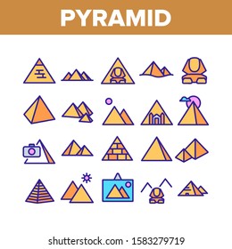 Pyramid Attraction Collection Icons Set Vector Thin Line. Egyptian Pyramid And Sphinx, Photo Camera And Tourism Landscape On Picture Concept Linear Pictograms. Color Contour Illustrations