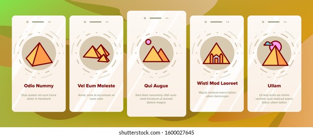 Pyramid Attraction Onboarding Mobile App Page Screen Vector. Egyptian Pyramid And Sphinx, Photo Camera And Tourism Landscape On Picture Illustrations