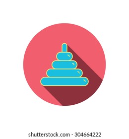 Pyramid baby toy icon. Child tower game sign symbol. Red flat circle button. Linear icon with shadow. Vector