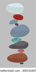 Pyramid of balancing colored stones. Vector minimalism style decor illustration 