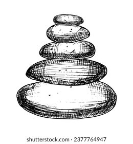 Pyramid of balancing Stones for Zen or yoga. Hand drawn vector linear illustration in black and white colors. Monochrome engraving for meditation or spirituality in outline style. Etched sketch.