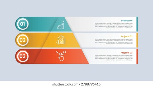 Pyramid base shape infographic with glossy gradient style with simple triangle with long rectangle extrusion with circle badge inside with three segment information vector