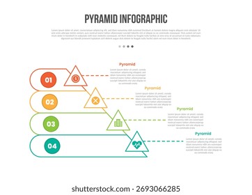 Diagrama de Plantilla de infografías con forma de base piramidal con rectángulo redondo apilado con forma de desequilibrio con triángulo con paso de 4 puntos Vector de contorno plano simple creativo