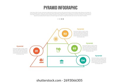 Diagrama de Plantilla de infografías de forma de base piramidal con línea triangular cortada con insignia circular con paso de 4 puntos Vector de contorno plano simple creativo