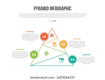 pyramid base shape infographics template diagram with zig zag line structure with circle badge opposite with 4 point step creative simple flat outline vector
