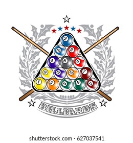 Pyramid of billiard balls with crossed cues in center of silver holy wreath. Sport logo for any darts game or championship