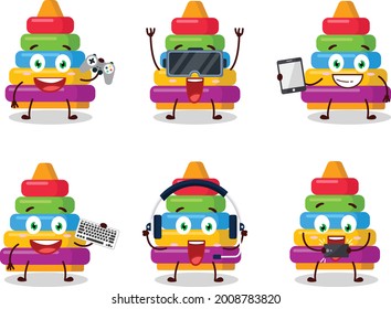 Pyramid block toys cartoon character are playing games with various cute emoticons. Vector illustration