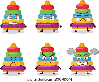 Pyramid block toys cartoon character with various angry expressions. Vector illustration
