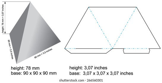 Pyramid box with Die cut Pattern. Vector pyramid preview with dimensions in millimeters and inches.