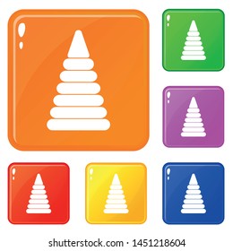 Pyramid built from plastic rings icons set collection vector 6 color isolated on white background