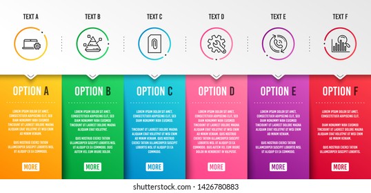 Pyramid chart, Attachment and Notebook service icons simple set. Customisation, Call center and Search signs. Report analysis, Attach document. Technology set. Infographic template. 6 steps timeline
