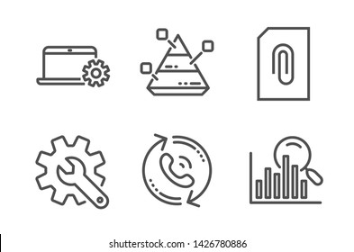 Pyramid chart, Attachment and Notebook service icons simple set. Customisation, Call center and Search signs. Report analysis, Attach document. Technology set. Line pyramid chart icon. Editable stroke