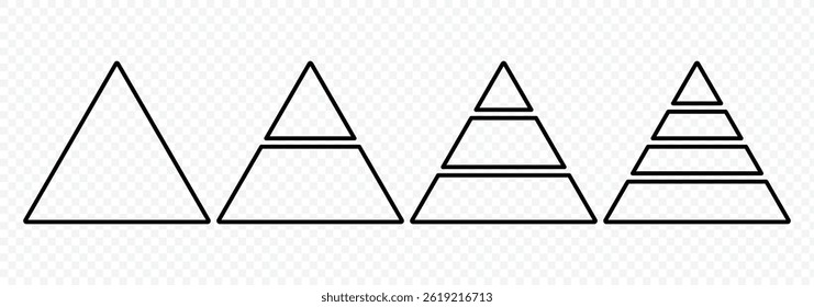 Pyramid chart collection. Triangle pyramid chart. Maslow layer diagram. Vector business illustration isolated