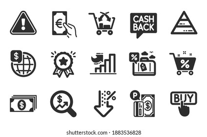 Pyramid chart, Cross sell and Currency audit icons simple set. Money transfer, Finance and Growth chart signs. World money, Loan percent and Travel loan symbols. Flat icons set. Vector