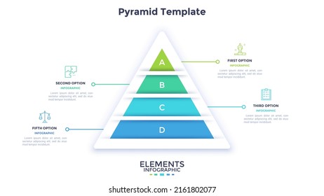 Pyramid chart divided into four colorful layers. Concept of hierarchy business model with 4 levels or stages. Simple infographic design template. Modern flat vector illustration for presentation.