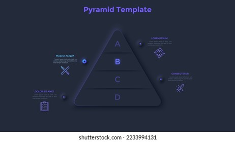 Pyramid chart divided into four layers. Concept of hierarchy business model with 4 levels. Dark neon infographic design template. Modern vector illustration for information analysis and presentation.