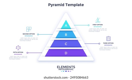 Pyramid chart divided into four colorful layers. Concept of hierarchy business model with 4 levels or stages. Simple infographic design template. Modern flat vector illustration for presentation.