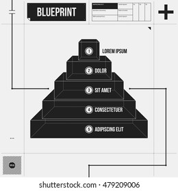 Pyramid chart with five levels in draft style. EPS10